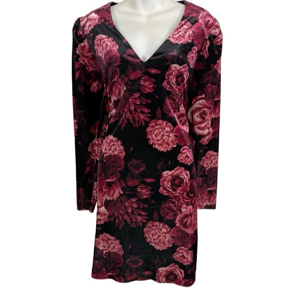 Express Womens Pink Black Velvet Floral Open Back Long Sleeve V-Neck Dress sz XL